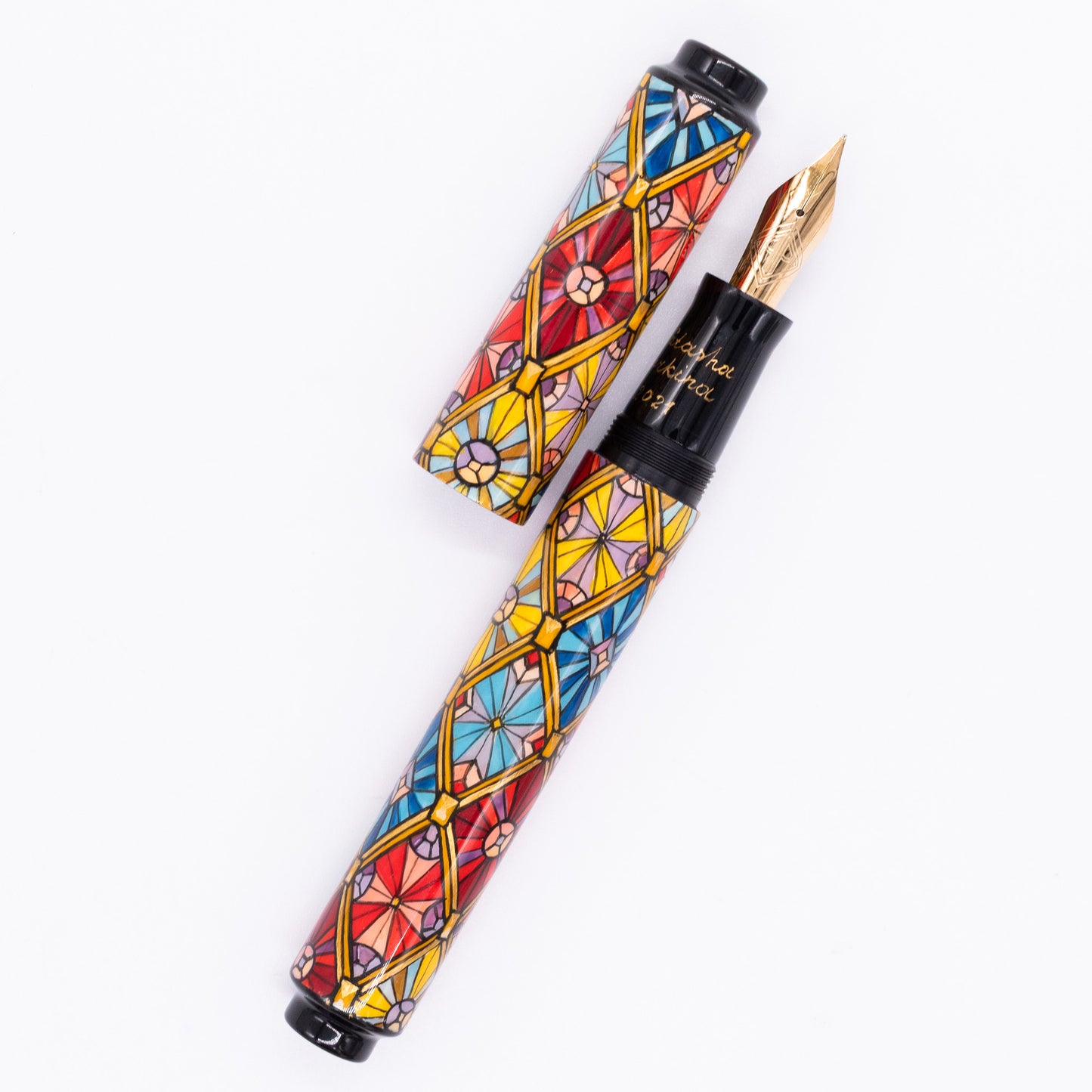 An overhead view of the AP Limited Editions Imperial Lacquer Art Fountain Pen - Tiffany uncapped, with the cap next to the body angled towards the right.