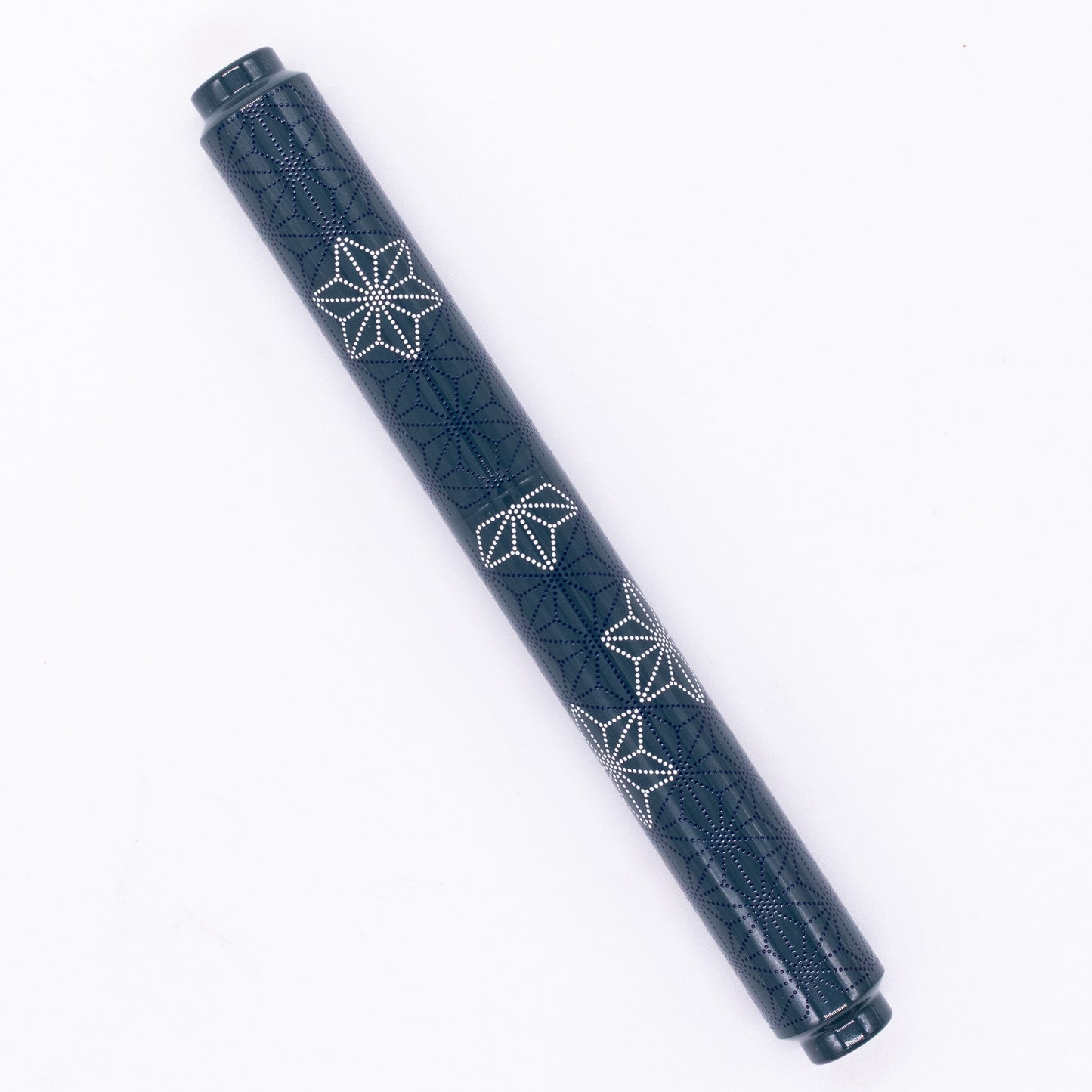 An overhead view of the AP Limited Editions Sakura Lacquer Art Fountain Pen - Snowflakes Blue capped, angled towards the left.