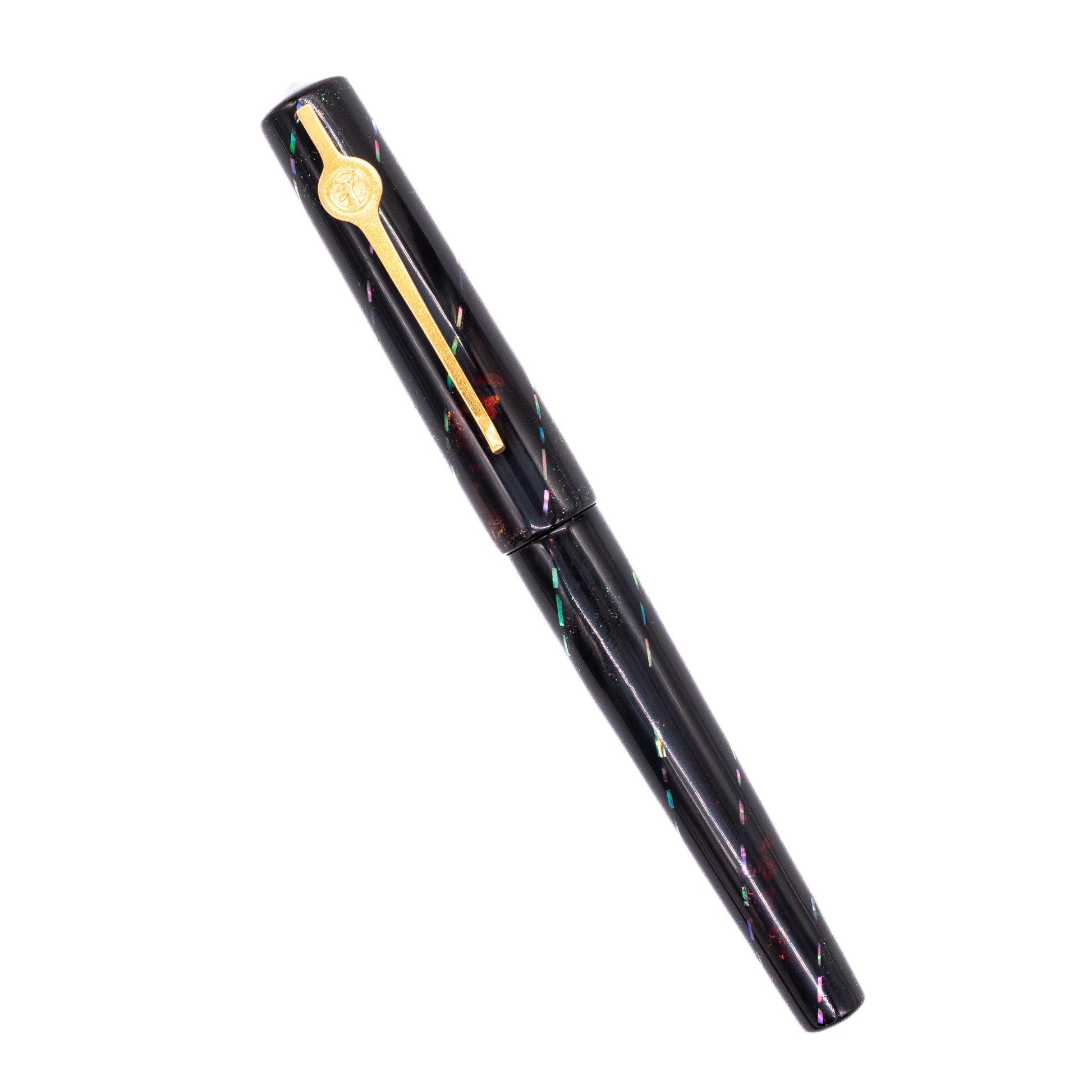 An overhead view of the ConCoPens Traditional Vietnamese Lacquer Fountain Pen - Aurora Scroll capped, angled towards the left.