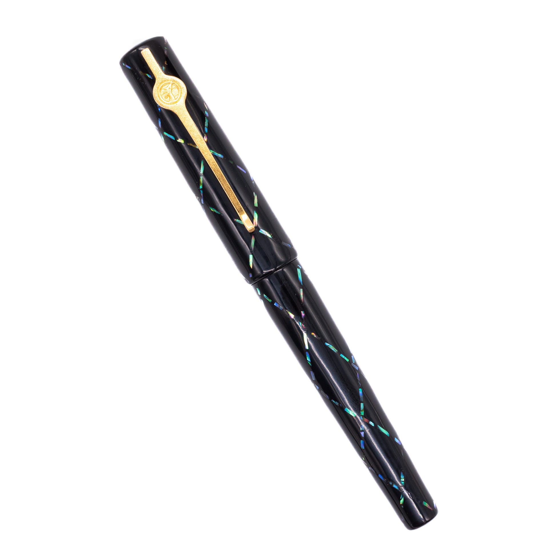 An overhead view of the ConCoPens Traditional Vietnamese Lacquer Fountain Pen - Aurora X capped, angled towards the left.