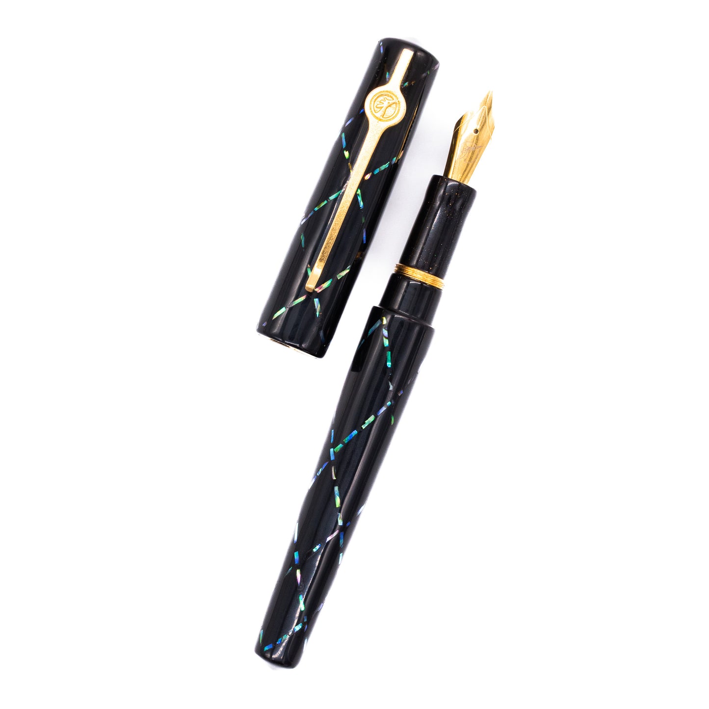 An overhead view of the ConCoPens Traditional Vietnamese Lacquer Fountain Pen - Aurora X uncapped, with the cap next to the body angled towards the right.