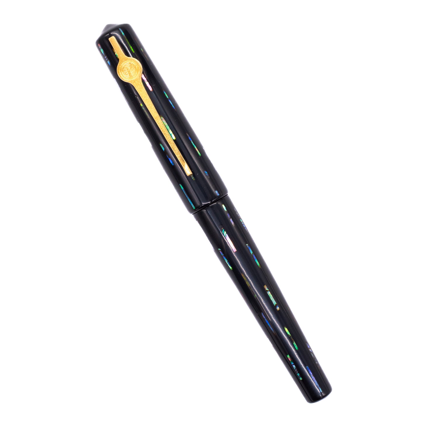 An overhead view of the ConCoPens Traditional Vietnamese Lacquer Fountain Pen - Bolide 2 capped, angled towards the left.