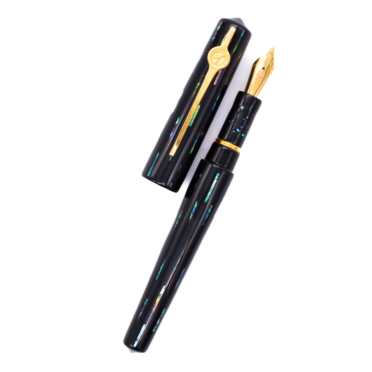 An overhead view of the ConCoPens Traditional Vietnamese Lacquer Fountain Pen - Bolide 2 uncapped, with the cap next to the body angled towards the right.