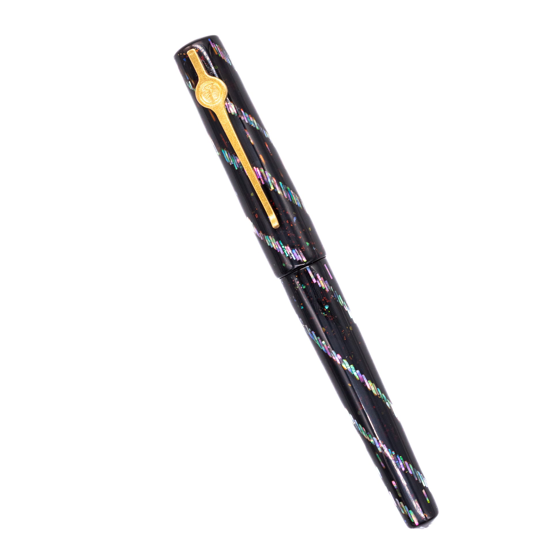 An overhead view of the ConCoPens Traditional Vietnamese Lacquer Fountain Pen - Ocean Serenade capped, angled towards the left.
