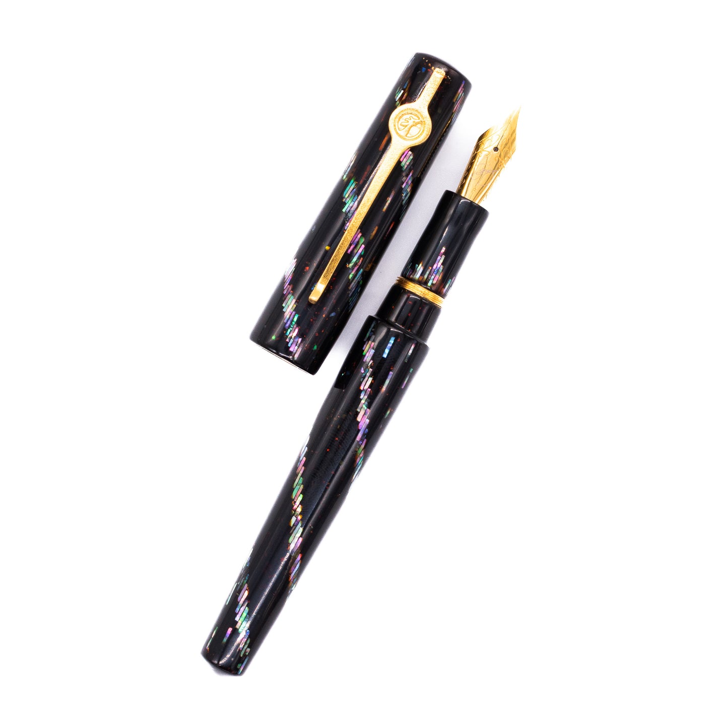 An overhead view of the ConCoPens Traditional Vietnamese Lacquer Fountain Pen - Bolide uncapped, with the cap next to the body angled towards the right.