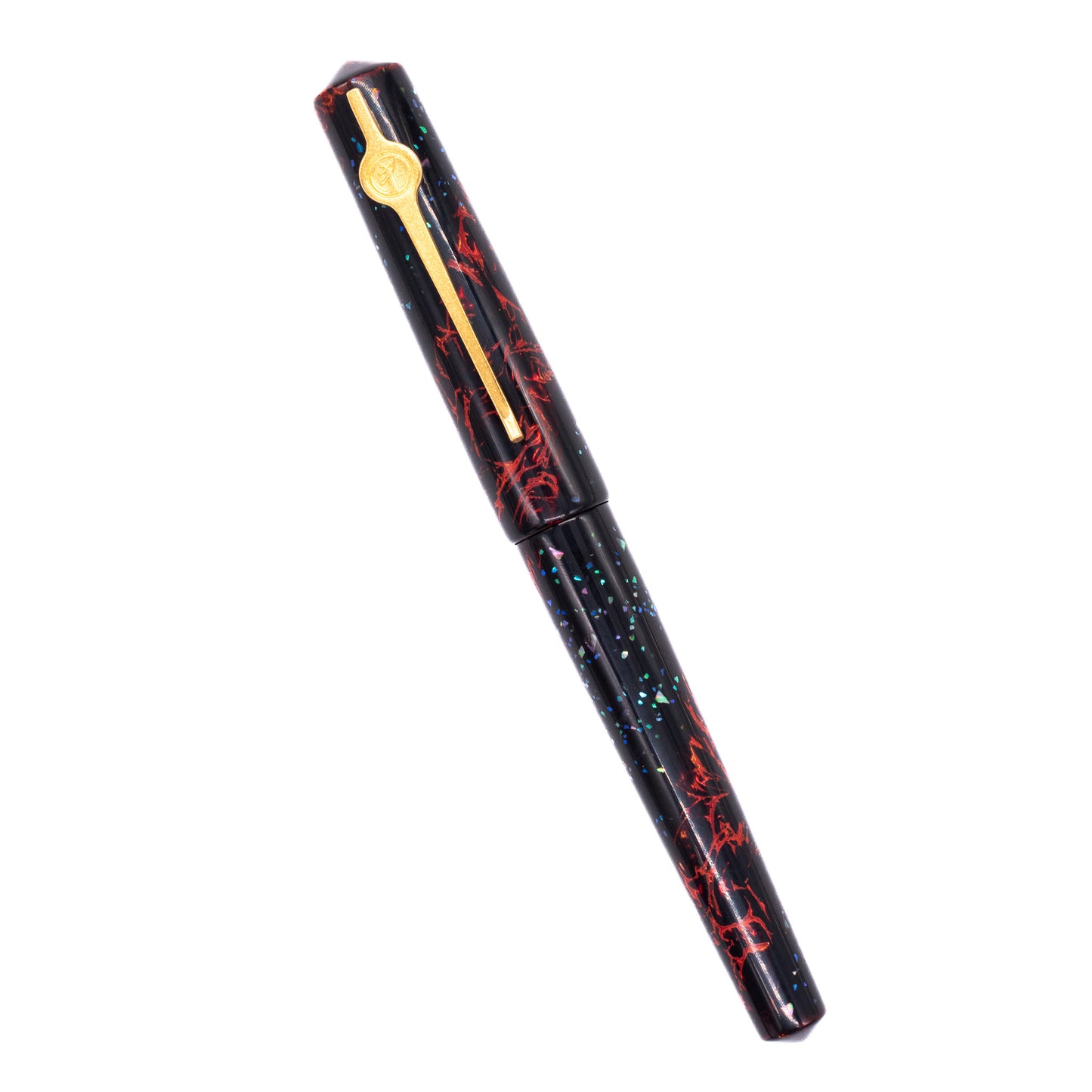 An overhead view of the ConCoPens Traditional Vietnamese Lacquer Fountain Pen - Inferno capped, angled towards the left.