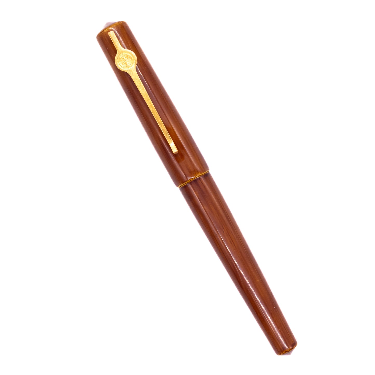 An overhead view of the ConCoPens Traditional Vietnamese Lacquer Fountain Pen - Moc Brown capped, angled towards the left.