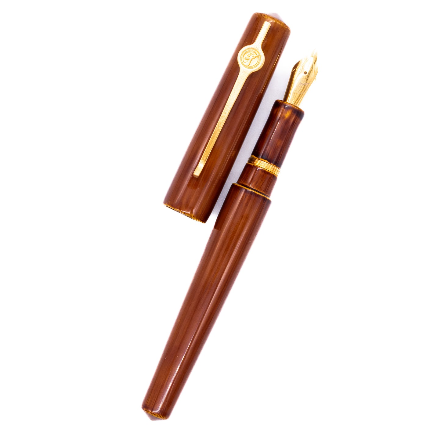An overhead view of the ConCoPens Traditional Vietnamese Lacquer Fountain Pen - Moc Brown uncapped, with the cap next to the body angled towards the right.