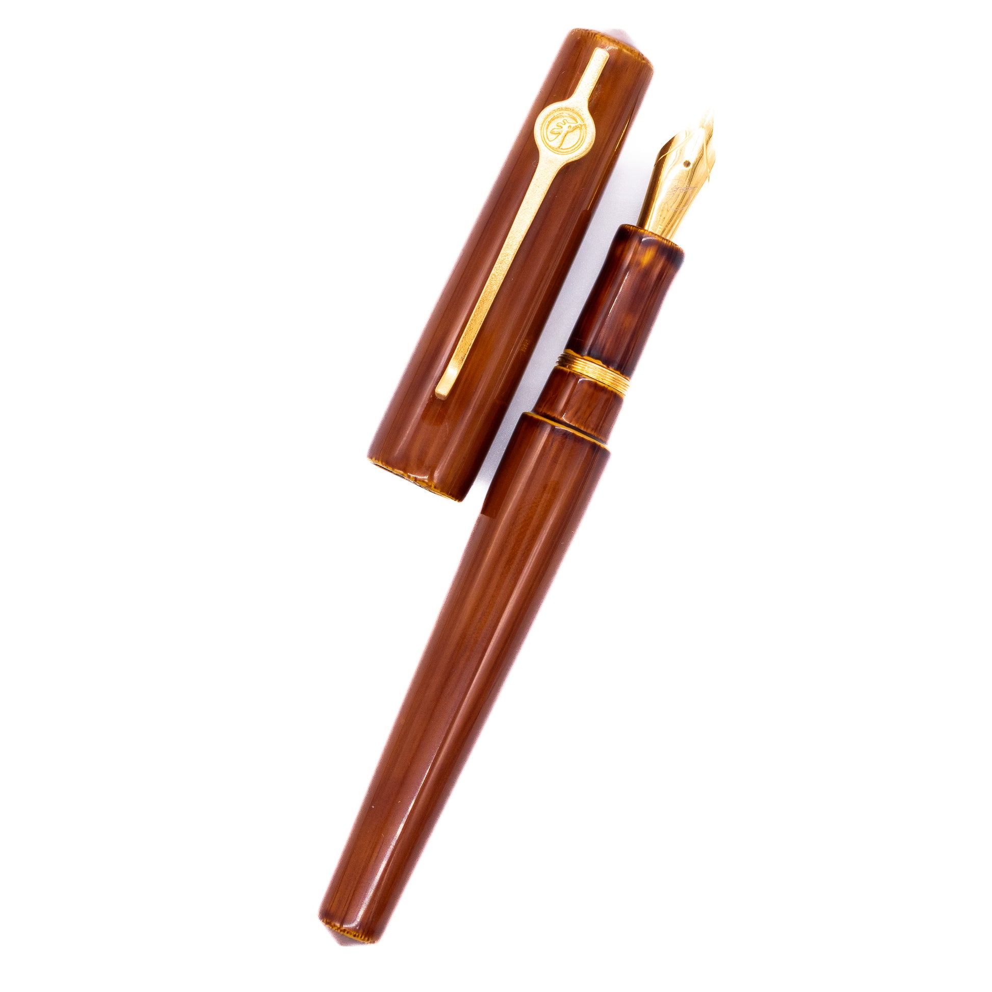 An overhead view of the ConCoPens Traditional Vietnamese Lacquer Fountain Pen - Moc Brown uncapped, with the cap next to the body angled towards the right.