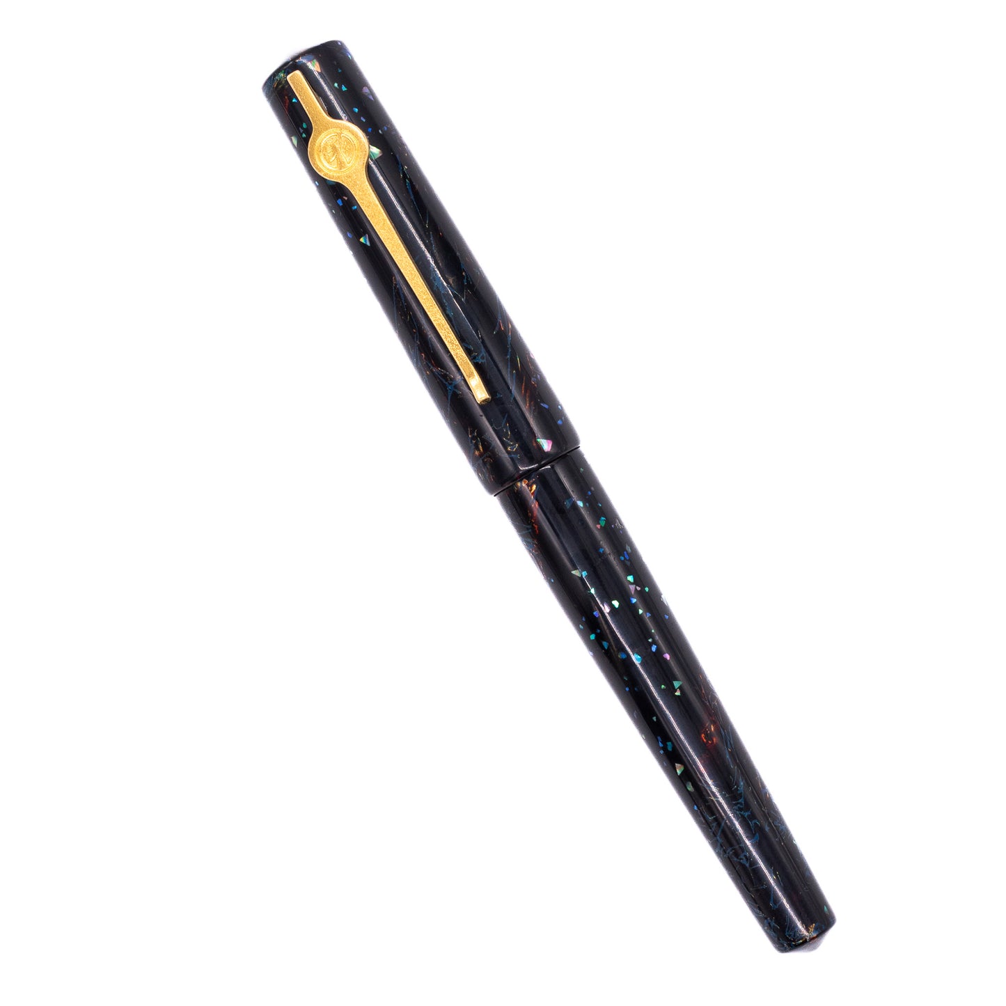 An overhead view of the ConCoPens Traditional Vietnamese Lacquer Fountain Pen - Obsidia capped, angled towards the left.